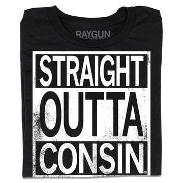 Black union-made T-shirt featuring a white rectangular graphic that reads, STRAIGHT OUTTA CONSIN.