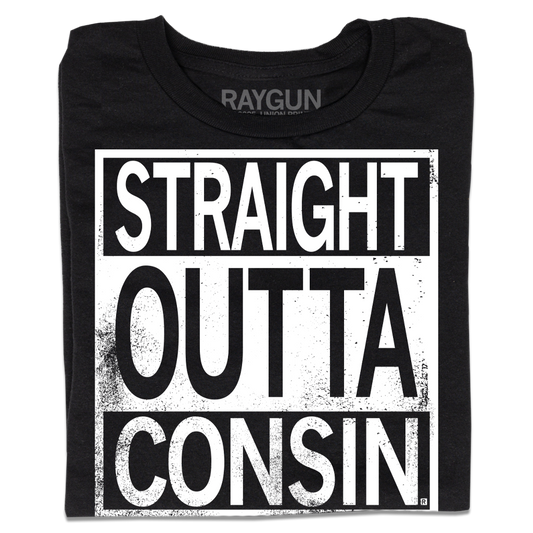 Black union-made T-shirt featuring a white rectangular graphic that reads, STRAIGHT OUTTA CONSIN.