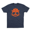 Navy blue RAYGUN t-shirt featuring an orange graphic of a cat wearing a baseball cap with a C logo and sunglasses.