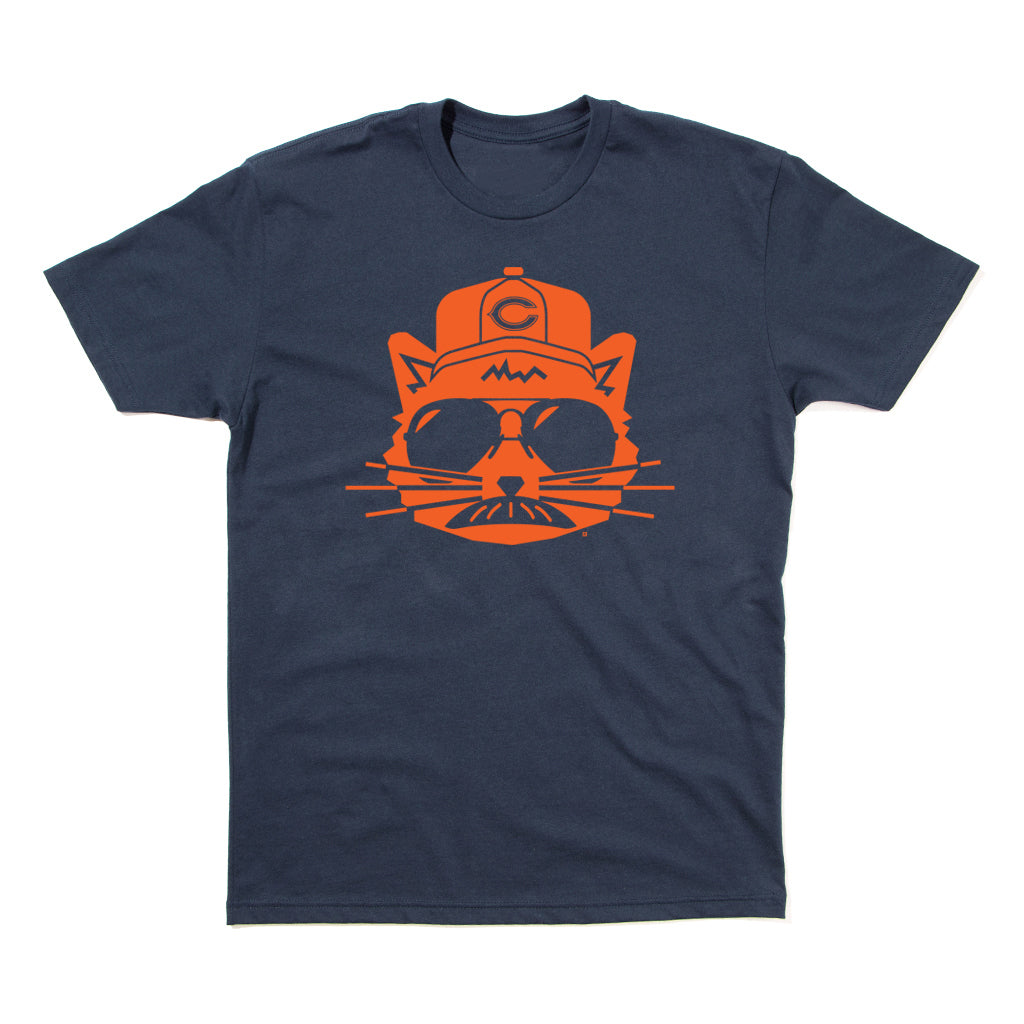 Navy blue RAYGUN t-shirt featuring an orange graphic of a cat wearing a baseball cap with a C logo and sunglasses.