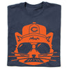 Navy blue RAYGUN t-shirt featuring an orange graphic of a cat wearing a Chicago Bears baseball cap and sunglasses.