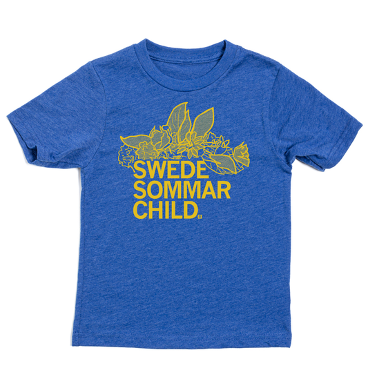 Heather royal blue t-shirt featuring a yellow floral graphic and the text SWEDE SOMMAR CHILD printed on the chest.