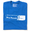 Blue RAYGUN t-shirt with a white graphic depicting a box of plastic wrap labeled That’s a Wrap, Reynolds and Making Iowa Worse Everyday Since 2017.