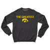 Charcoal heather crewneck sweatshirt with the text THE GREATEST. in yellow above a yellow Iowa Hawkeyes Tigerhawk logo.