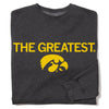 Charcoal heather sweatshirt featuring the text THE GREATEST and a yellow Tigerhawk logo.