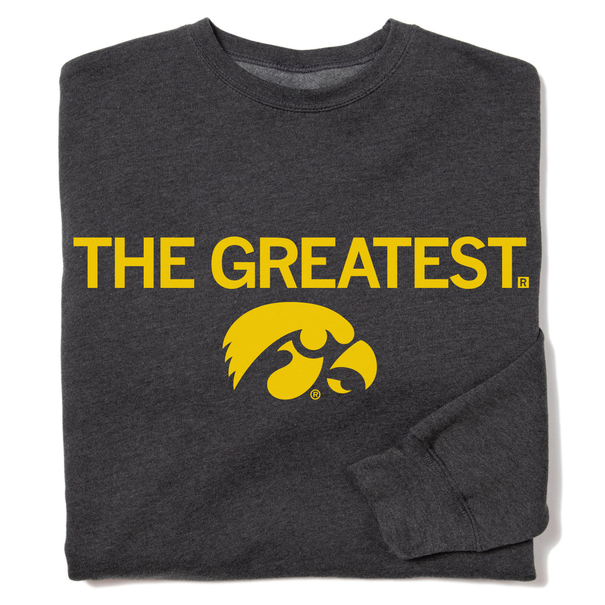 Charcoal heather sweatshirt featuring the text THE GREATEST and a yellow Tigerhawk logo.