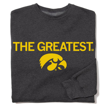 Charcoal heather sweatshirt featuring the text THE GREATEST and a yellow Tigerhawk logo.