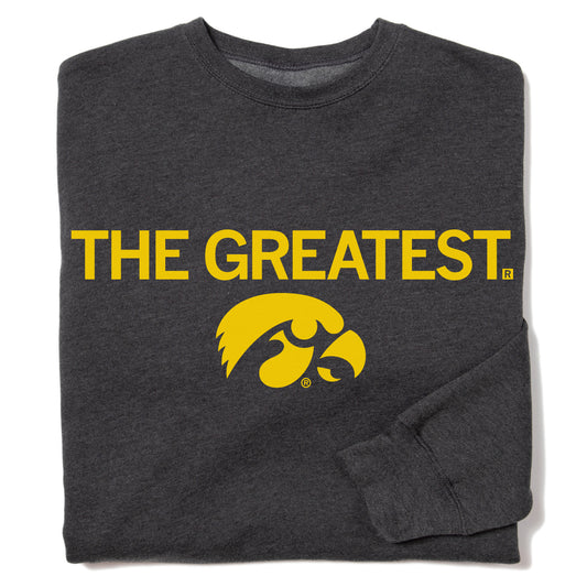 Charcoal heather sweatshirt featuring the text THE GREATEST and a yellow Tigerhawk logo.