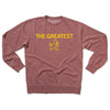 Dusty rose RAYGUN crewneck sweatshirt with the text THE GREATEST in yellow letters above a gold screen print graphic of a yellow cardinal.