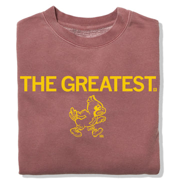 Dusty rose RAYGUN sweatshirt with the words THE GREATEST and a gold screen print of a yellow cartoon bird mascot on the front.