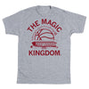 Union made heather grey t-shirt featuring a maroon graphic of a basketball above an arena silhouette with the text THE MAGIC KINGDOM.