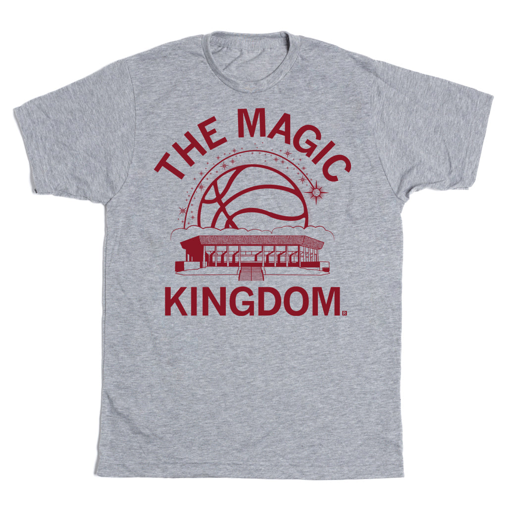 Union made heather grey t-shirt featuring a maroon graphic of a basketball above an arena silhouette with the text THE MAGIC KINGDOM.