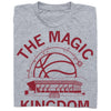 Heather gray, union-made t-shirt with a maroon graphic featuring a basketball, a stadium, and the text THE MAGIC KINGDOM.