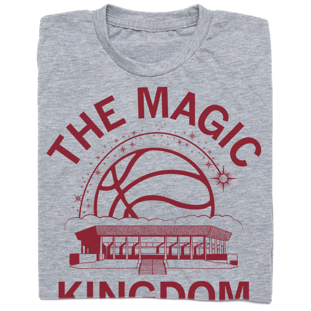 Heather gray, union-made t-shirt with a maroon graphic featuring a basketball, a stadium, and the text THE MAGIC KINGDOM.