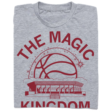 Heather gray, union-made t-shirt with a maroon graphic featuring a basketball, a stadium, and the text THE MAGIC KINGDOM.