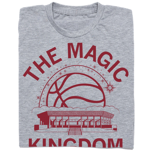 Heather gray, union-made t-shirt with a maroon graphic featuring a basketball, a stadium, and the text THE MAGIC KINGDOM.
