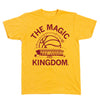 Yellow union-made Hilton t-shirt with a maroon graphic featuring a basketball and building outline above the text THE MAGIC KINGDOM.