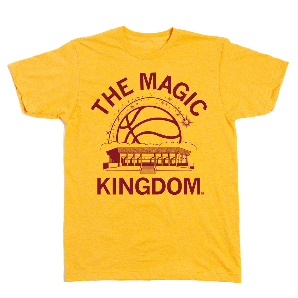 Yellow union-made Hilton t-shirt with a maroon graphic featuring a basketball and building outline above the text THE MAGIC KINGDOM.
