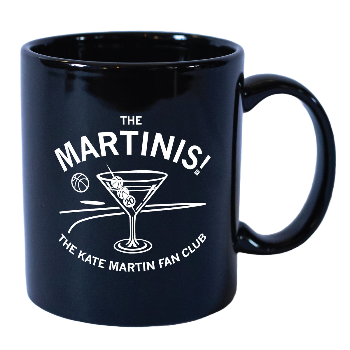 Black ceramic Kate Martin mug featuring white text that reads The Martinis! The Kate Martin Fan Club with a graphic of a martini glass containing basketballs.