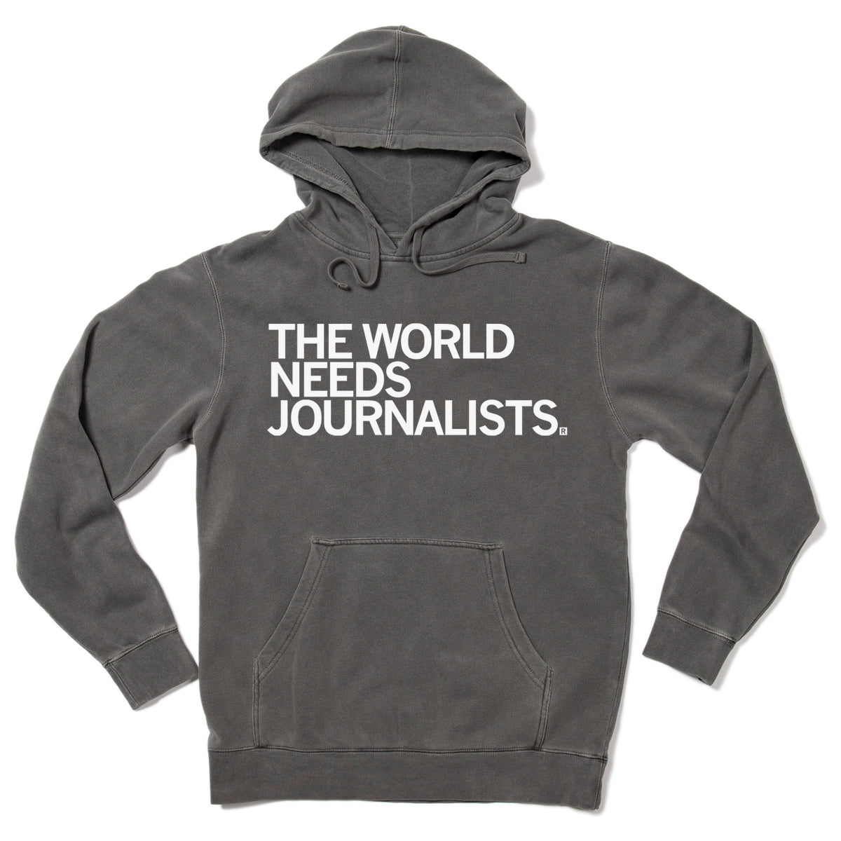 Grey union-made hooded sweatshirt with the white text THE WORLD NEEDS JOURNALISTS. printed on the chest.
