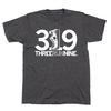 Charcoal gray, sweatshop-free T-shirt featuring a white graphic of the number 319, where the 1 is replaced by a running shoe, with THREERUNNINE printed below.