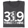 Charcoal t-shirt featuring the number 319 in white, with the numeral 1 replaced by a running shoe, and the text THREERUNNINE printed below.