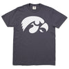 Graphite, garment-dyed t-shirt with a white University of Iowa Hawkeye logo on the chest.