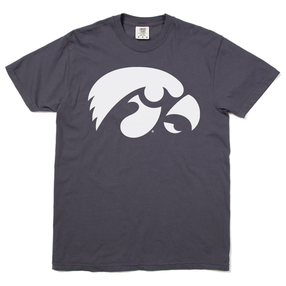 Graphite, garment-dyed t-shirt with a white University of Iowa Hawkeye logo on the chest.