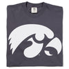 A garment-dyed, charcoal grey t-shirt featuring the white Iowa Hawkeyes logo on the front.