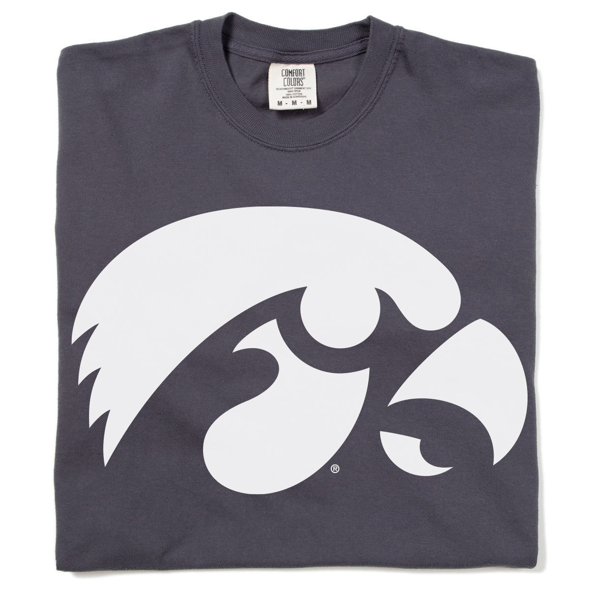 A garment-dyed, charcoal grey t-shirt featuring the white Iowa Hawkeyes logo on the front.