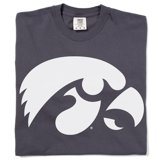 A garment-dyed, charcoal grey t-shirt featuring the white Iowa Hawkeyes logo on the front.
