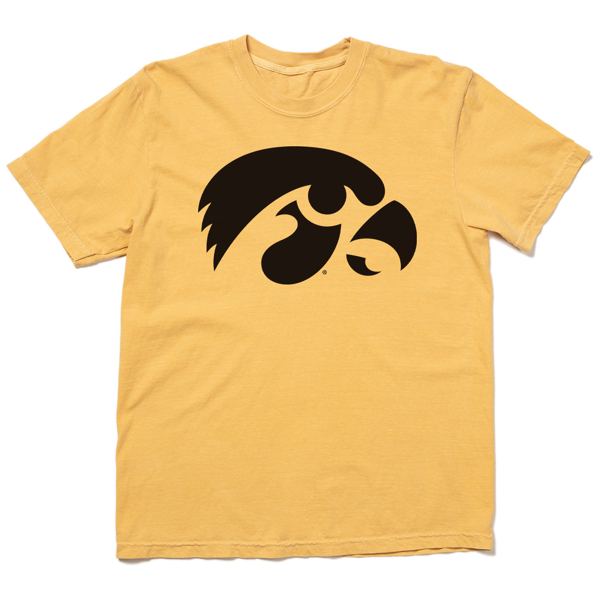 Golden yellow heavyweight mustard crew neck t-shirt featuring the black University of Iowa Hawkeye logo on the chest.