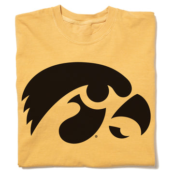 Heavyweight mustard yellow crewneck t-shirt featuring the black University of Iowa Hawkeye logo.