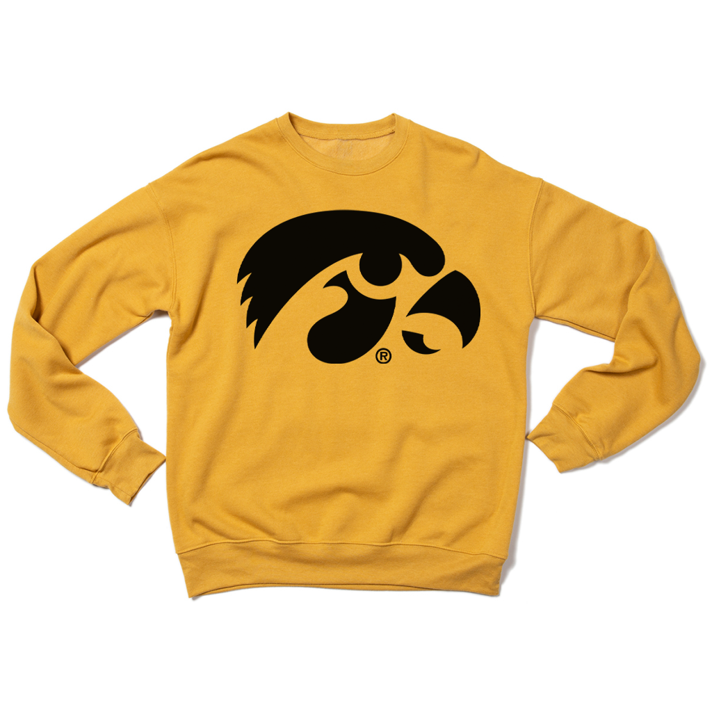 Gold crewneck RAYGUN sweatshirt with the University of Iowa Hawkeye logo in black on the chest.