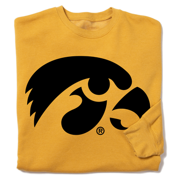 Gold RAYGUN crewneck sweatshirt with a black Iowa Hawkeyes logo on the front.