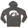 Union-made charcoal gray hooded sweatshirt with the white Iowa Hawkeyes logo on the chest.