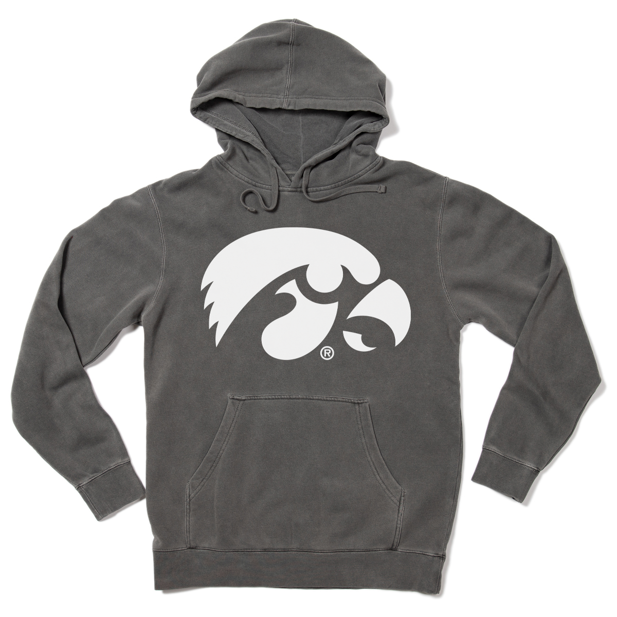 Union-made charcoal gray hooded sweatshirt with the white Iowa Hawkeyes logo on the chest.