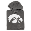 Gray, sweatshop-free hooded sweatshirt featuring a large white University of Iowa Hawkeye logo on the front.