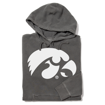 Gray, sweatshop-free hooded sweatshirt featuring a large white University of Iowa Hawkeye logo on the front.
