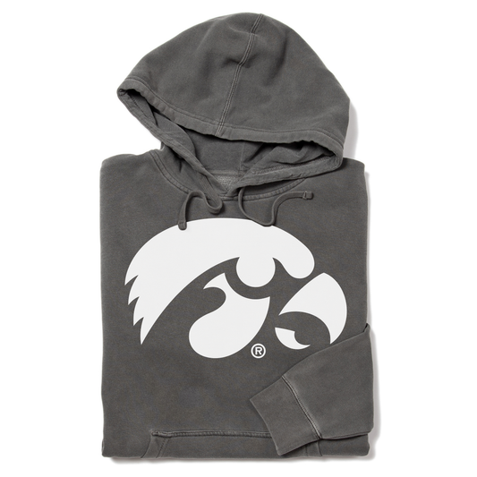 Gray, sweatshop-free hooded sweatshirt featuring a large white University of Iowa Hawkeye logo on the front.