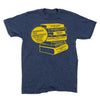 Dark heather denim t-shirt featuring a yellow graphic of a stack of dangerous books with a Warning: Too Dangerous to Read! starburst, listing titles such as Gender Queer, The Hate U Give, and The Handmaid’s Tale.