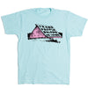 Light blue union-made t-shirt featuring a pink barn graphic with Trans people belong in Iowa written on the roof.