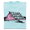 Light blue, union made t-shirt featuring a screen-printed graphic of a pink barn with the text TRANS PEOPLE BELONG IN IOWA on the roof.