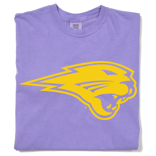 Lavender heavyweight cotton t-shirt with a yellow Panthers logo printed on the chest.