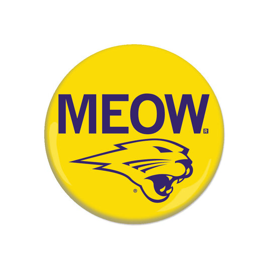 Yellow RAYGUN button pin featuring the word MEOW in purple text above a purple Panthers mascot head logo.