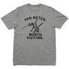 Heavyweight grey t-shirt featuring a black line drawing of the Van Meter Visitor and the text VAN METER: WORTH VISITING.