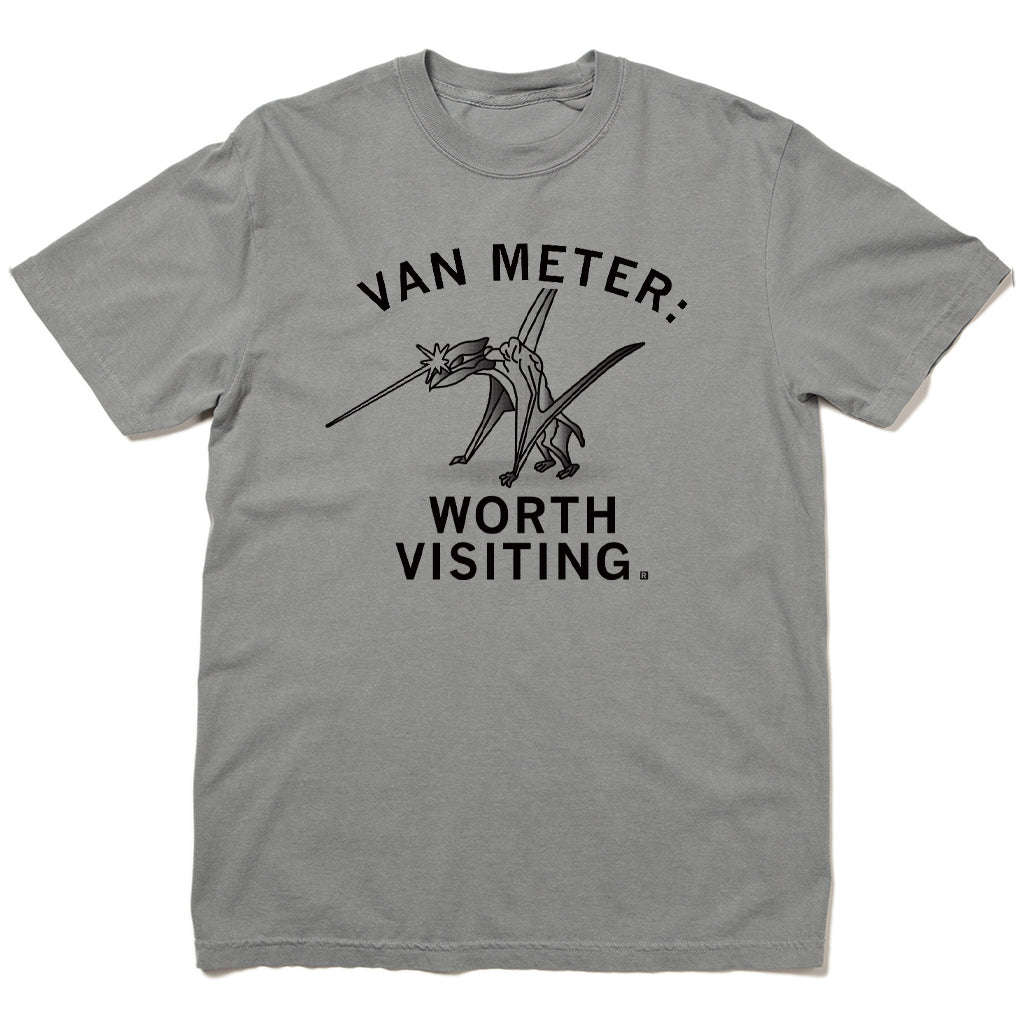 Heavyweight grey t-shirt featuring a black line drawing of the Van Meter Visitor and the text VAN METER: WORTH VISITING.