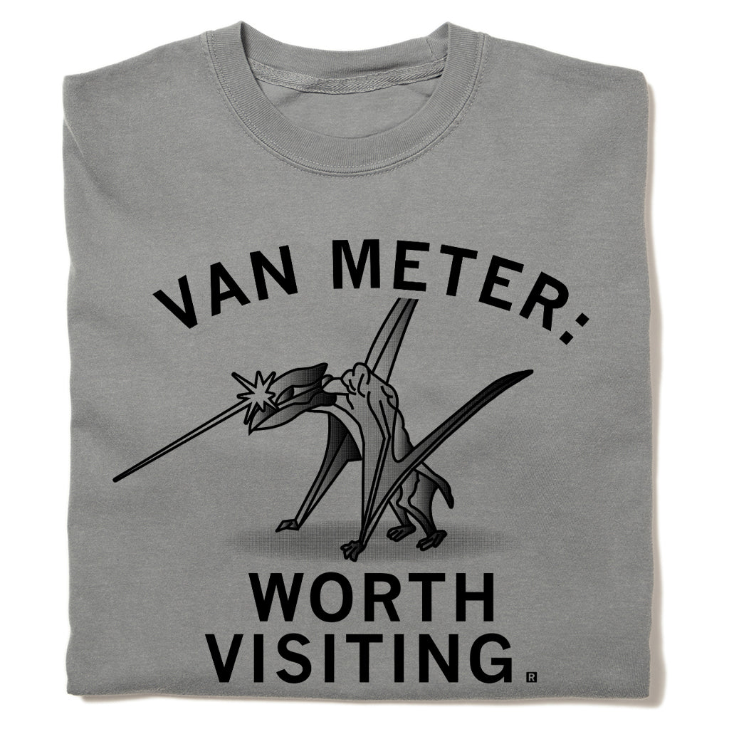 Heavyweight gray t-shirt featuring a graphic of a pterodactyl with a glowing beak and the text VAN METER: WORTH VISITING.