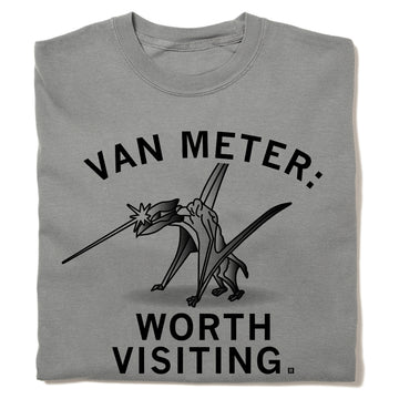 Heavyweight gray t-shirt featuring a graphic of a pterodactyl with a glowing beak and the text VAN METER: WORTH VISITING.