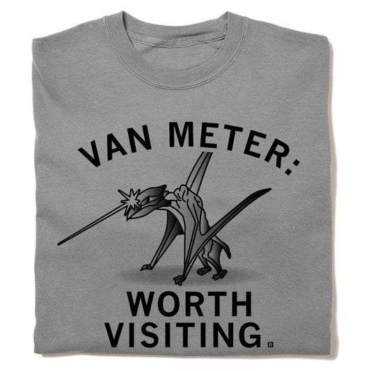 Heavyweight gray t-shirt featuring a graphic of a pterodactyl with a glowing beak and the text VAN METER: WORTH VISITING.